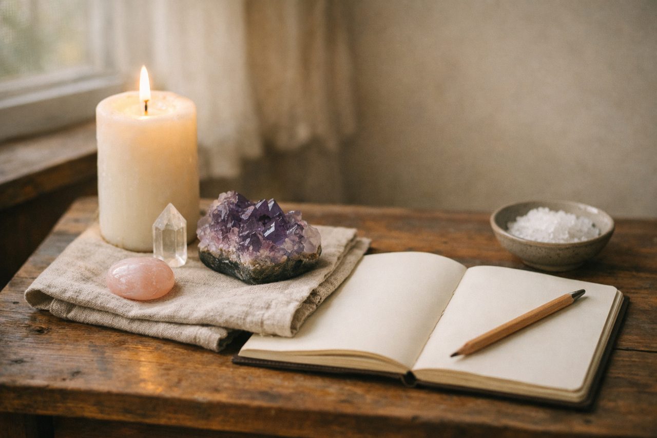 A wooden home altar with a white candle, clear quartz point, amethyst cluster, rose quartz and an open notebook