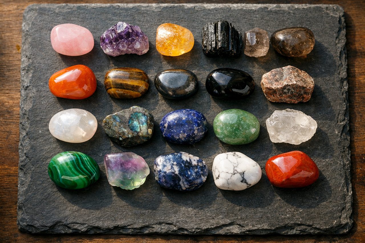 Twenty different crystals laid out in rows on a slate board, from rose quartz and amethyst to obsidian and red jasper