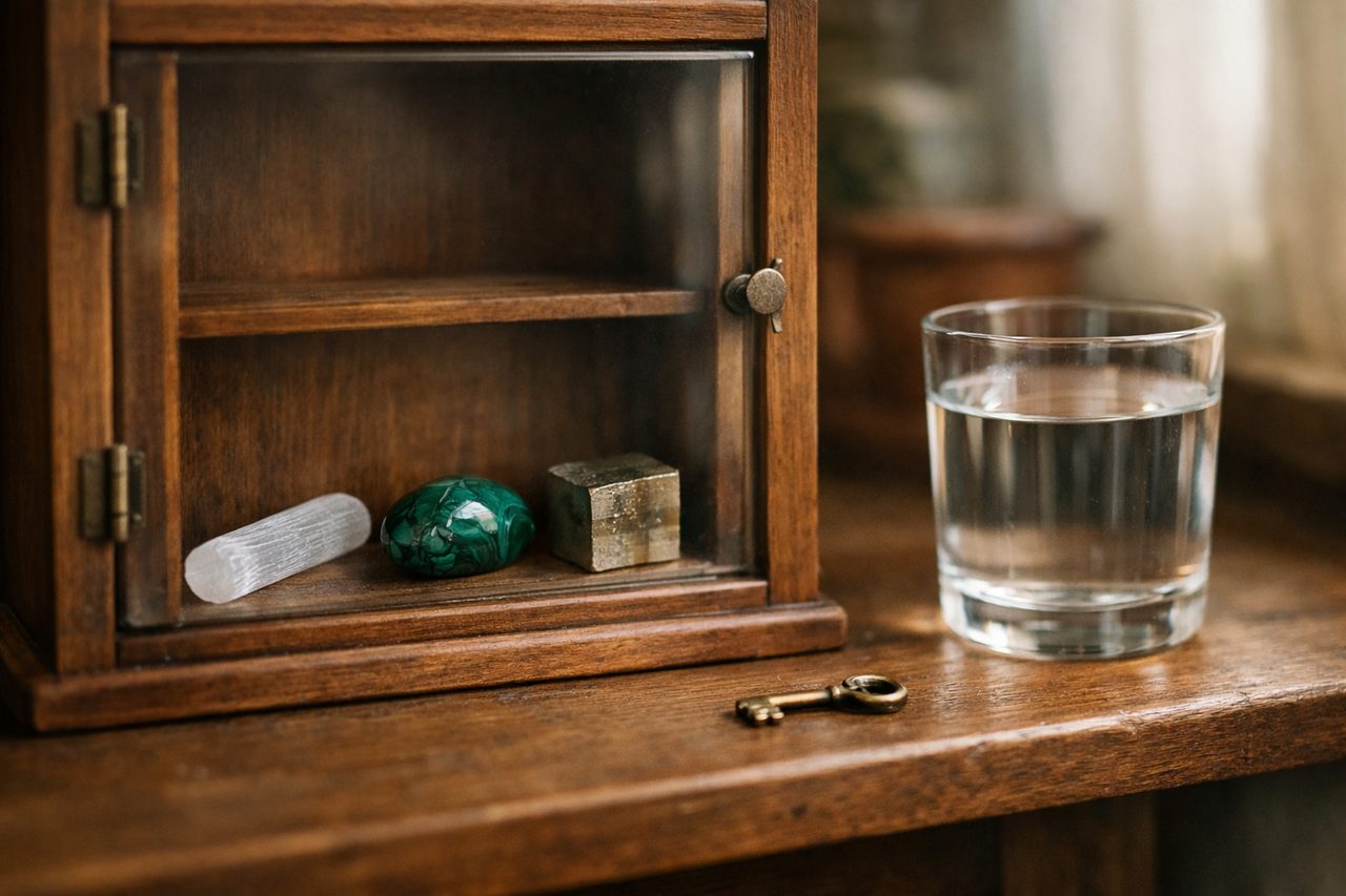 A small glass-fronted cabinet holding selenite, malachite and pyrite kept dry, with a glass of water standing apart