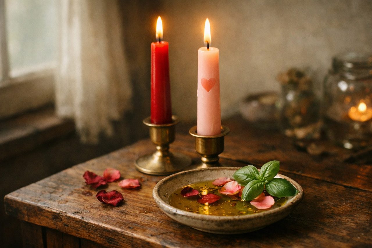 A red taper and a pink taper candle in brass holders on a wooden altar, a small heart carved into the pink wax, with olive oil, rose petals and basil