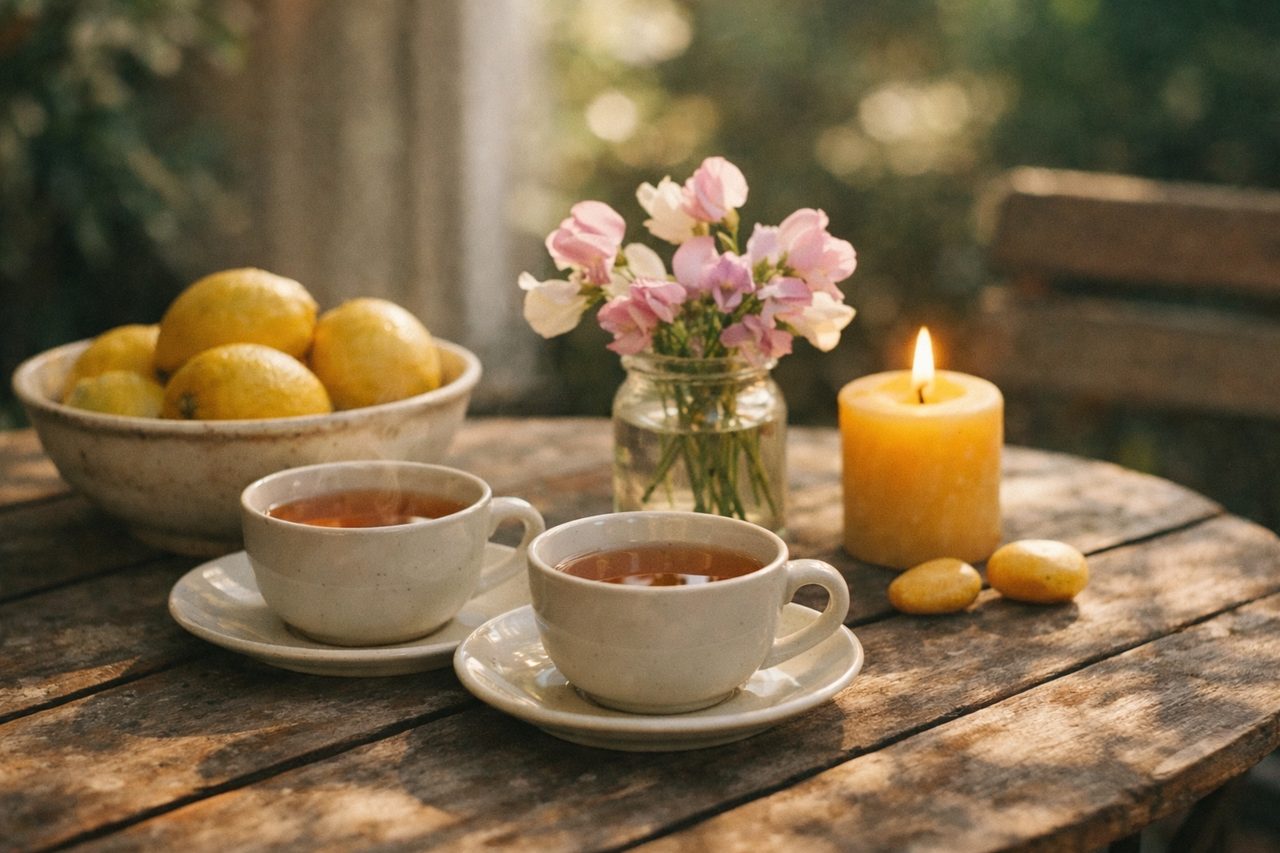 Two cups of tea on a garden table with a bowl of lemons, sweet pea flowers in a jar, a lit yellow candle and two small yellow stones