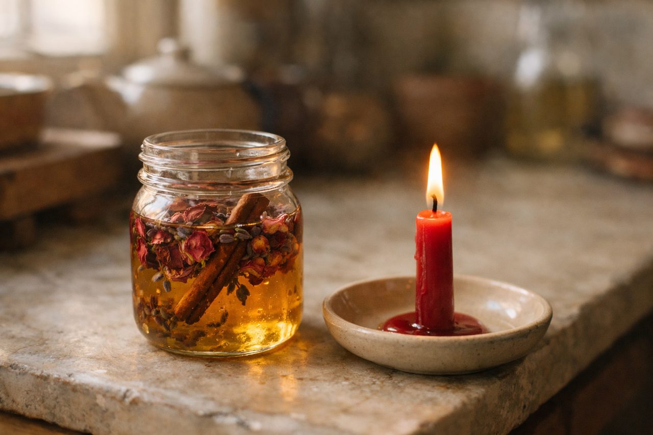 A small jar of golden honey with rose petals, a cinnamon stick and lavender buds inside, with a red chime candle burning on a ceramic dish beside it