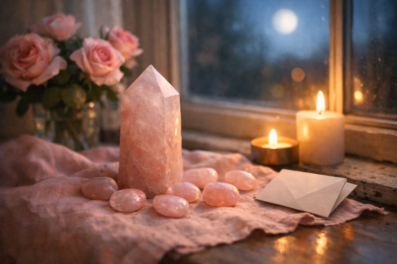 Rose quartz points and tumbled stones on a pink linen cloth with fresh pink roses and a folded slip of paper on a moonlit windowsill