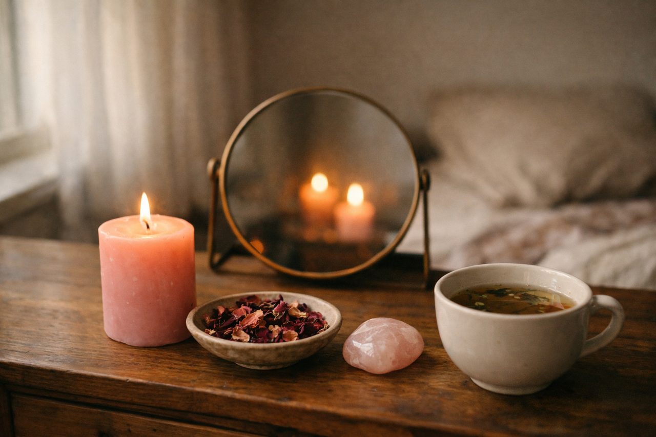 A small round mirror reflecting candlelight beside a lit pink candle, dried rose petals, a rose quartz stone and a cup of herbal tea