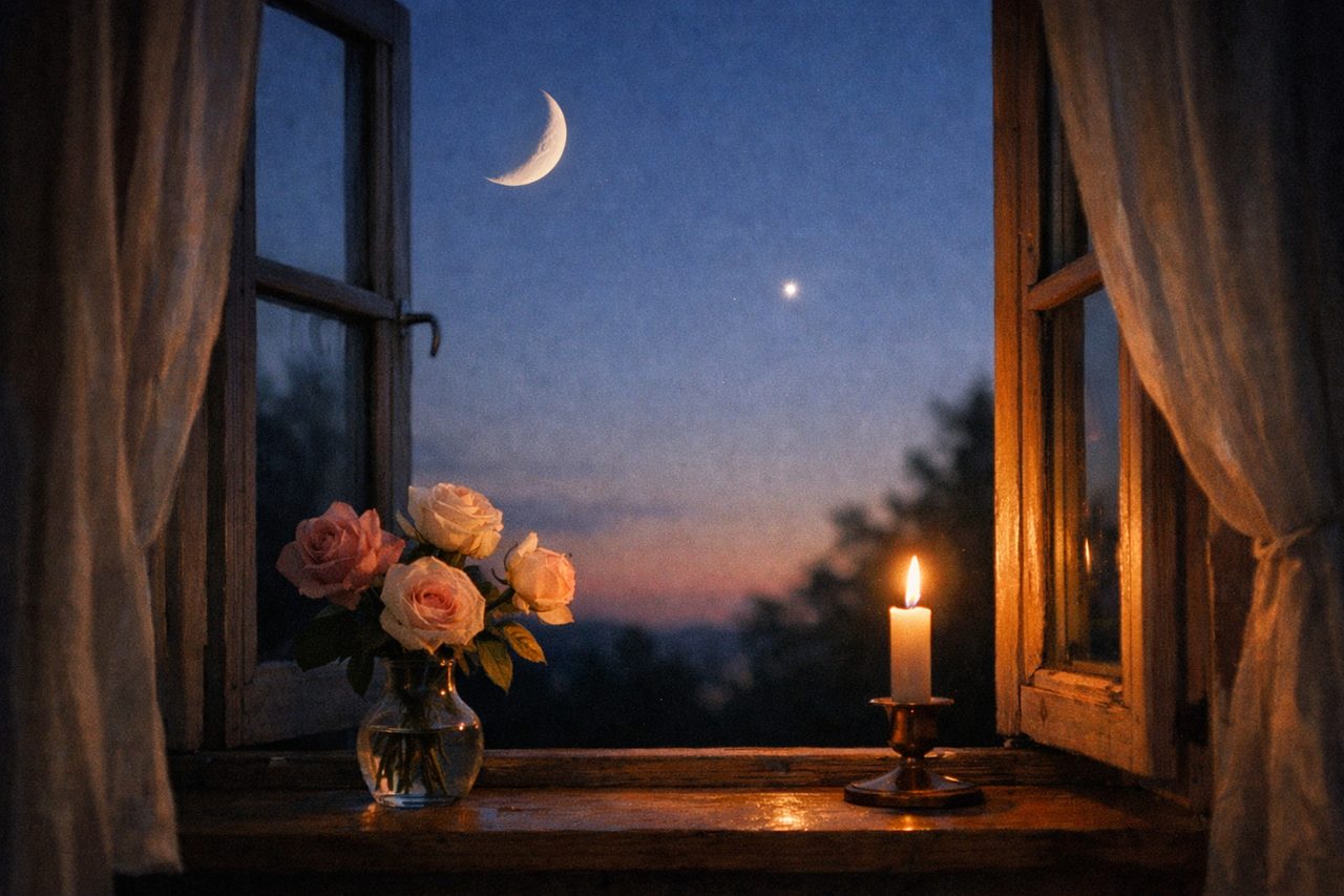 A waxing crescent moon and the bright evening star Venus in a twilight sky, seen through a cottage window with roses and a lit candle on the sill