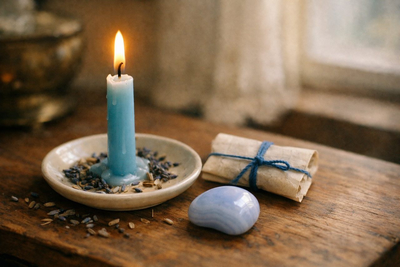 A lit light blue candle on a small ceramic saucer surrounded by dried lavender buds and dill seeds, beside a paper scroll tied with blue thread and a blue lace agate stone