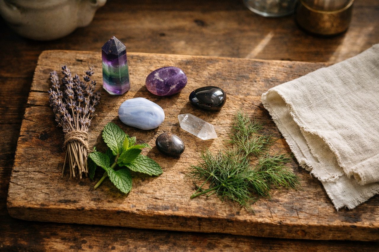 A flat lay of a fluorite point, amethyst, blue lace agate, hematite, clear quartz, dried lavender, fresh peppermint and dill on a weathered wooden board
