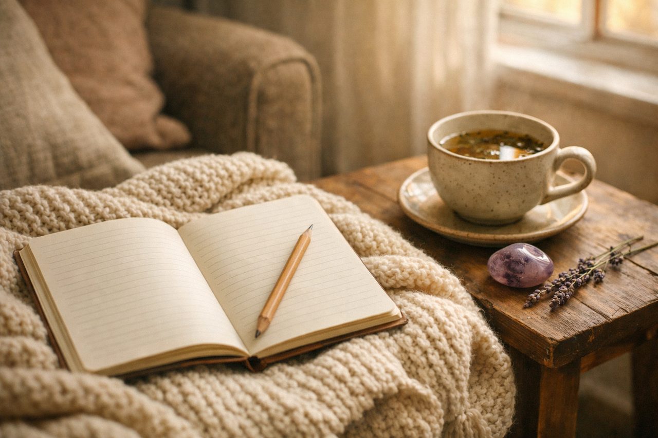 An open notebook and pencil resting on a cream knitted blanket in an armchair, beside a cup of herbal tea, an amethyst and a sprig of lavender
