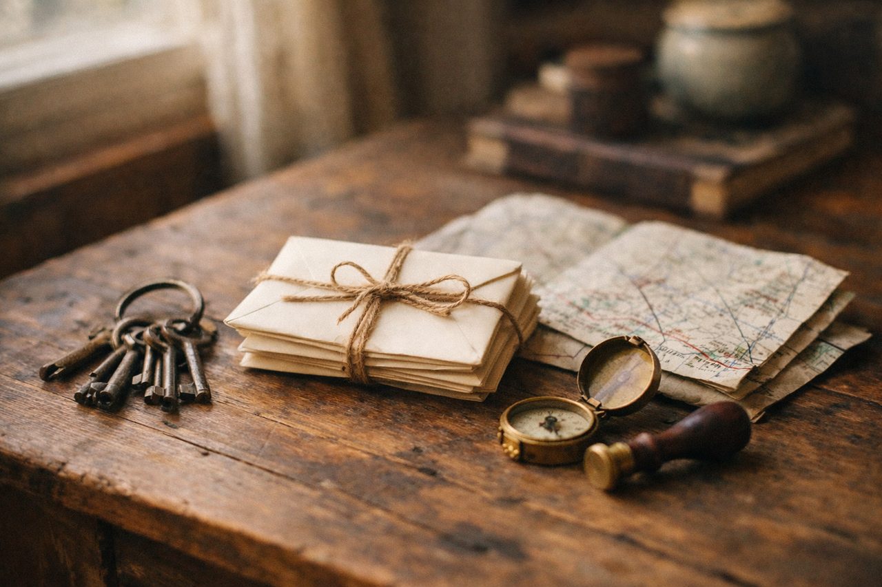 A bundle of old envelopes tied with twine, a ring of brass keys, a folded road map, a brass compass and a wax seal stamp on a wooden table