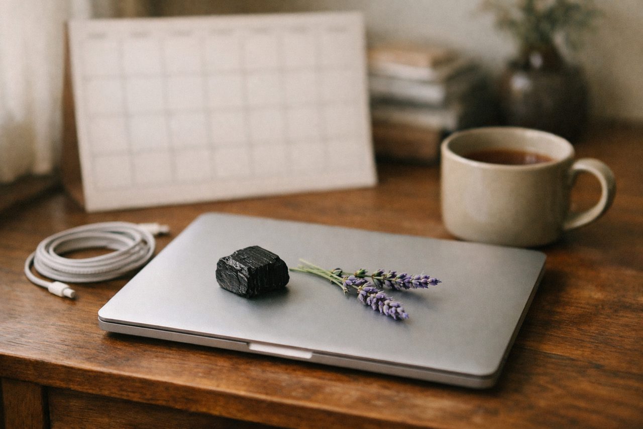 A closed laptop on a wooden desk with a piece of black tourmaline and a sprig of lavender on the lid, a coiled charging cable, a blank desk calendar and a mug of tea