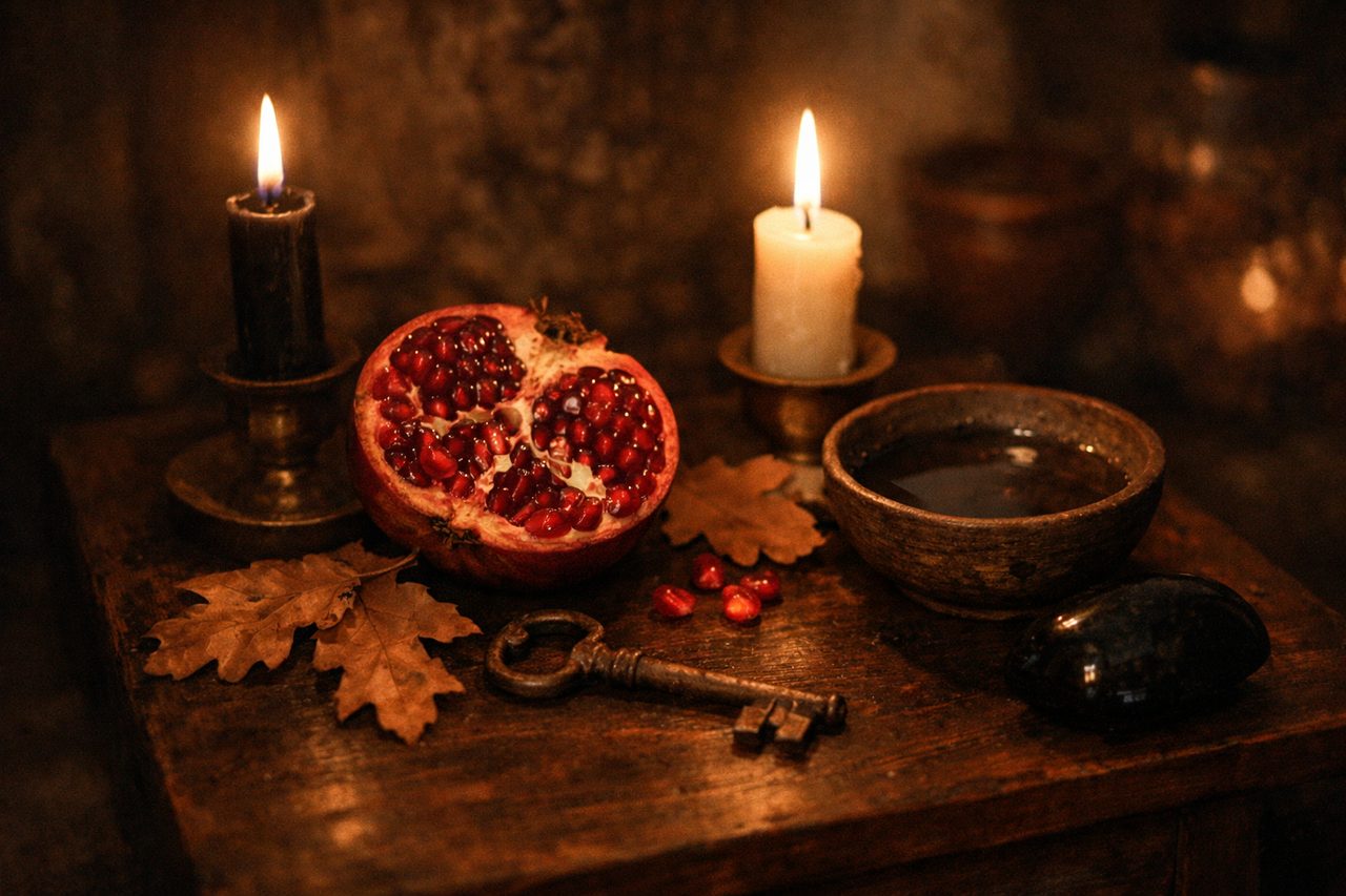 A dark wooden altar at night with a halved pomegranate, a lit black candle and a lit white candle, an old iron key, dried oak leaves, a bowl of water and a dark stone