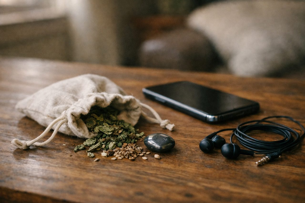 A small open linen pouch with dried peppermint leaves, dill seeds and a hematite stone spilling out, next to a phone lying face-down and a pair of wired earbuds