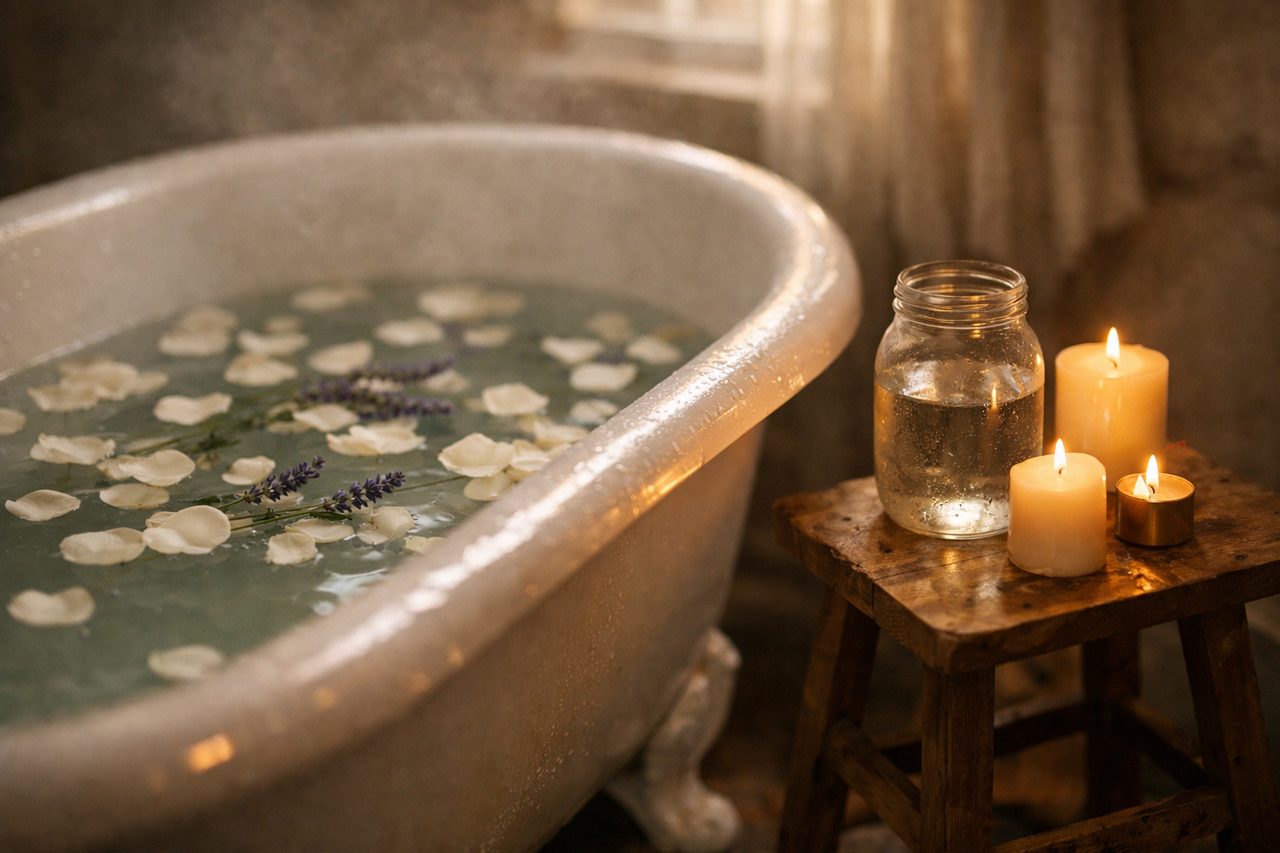 A clawfoot bathtub with white rose petals and lavender floating in the water, with candles and a jar beside it