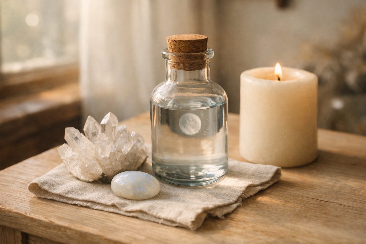 A corked bottle of moon water beside a clear quartz cluster and a moonstone on a linen cloth