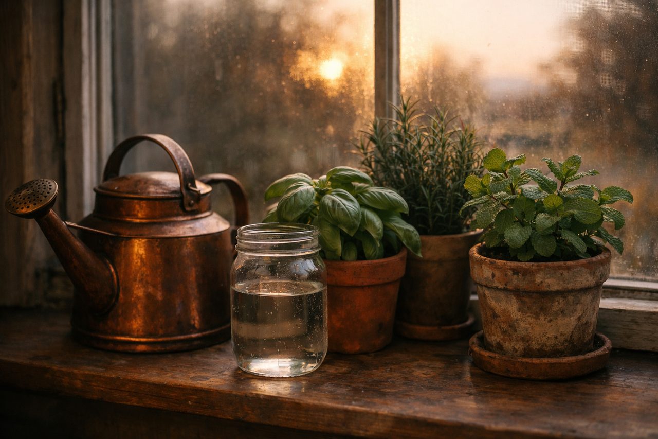 A copper watering can and a jar of water beside potted basil, rosemary and mint on a windowsill