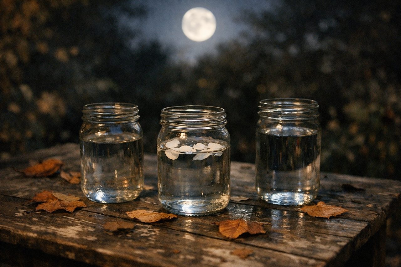 Three glass jars of water on a garden table at night under a full moon