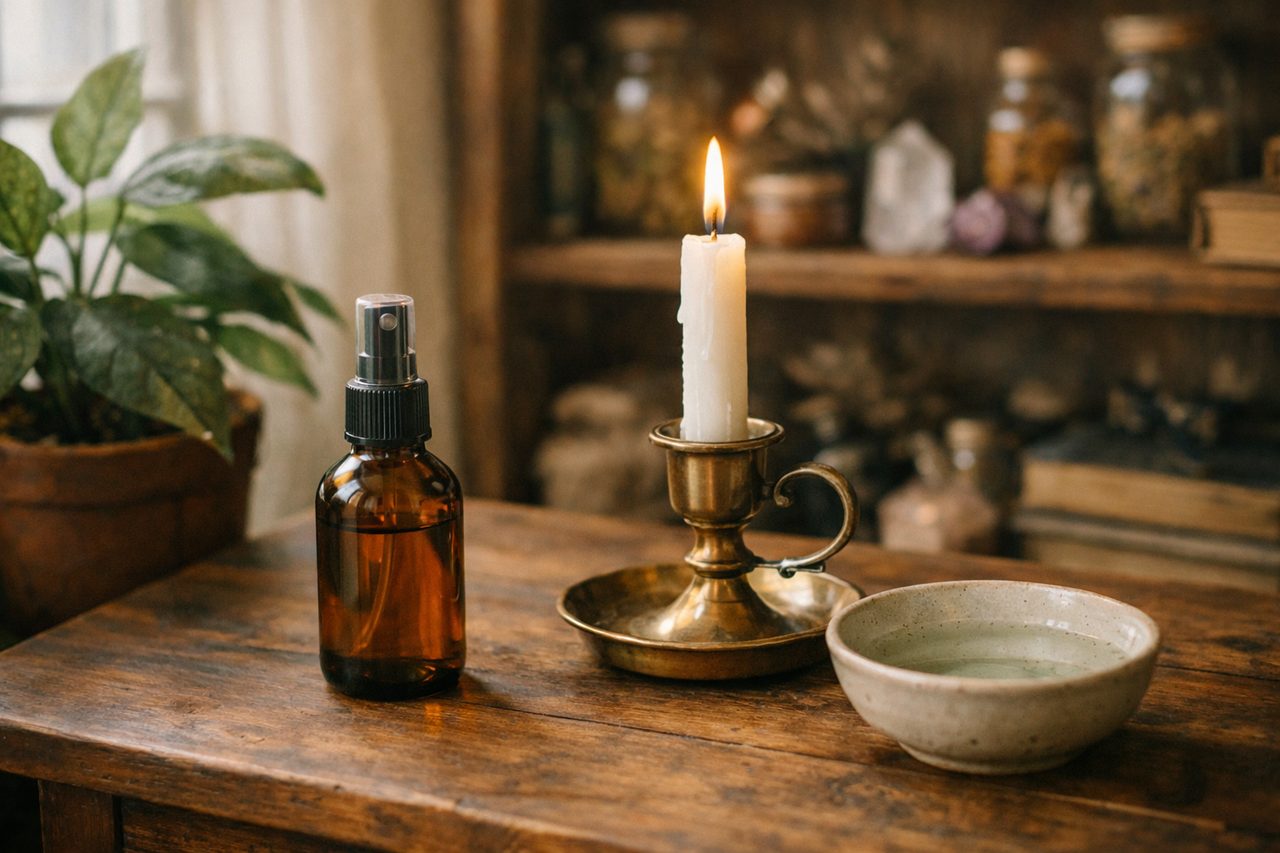 A small spray bottle, a white candle and a bowl of water beside a houseplant on a wooden table