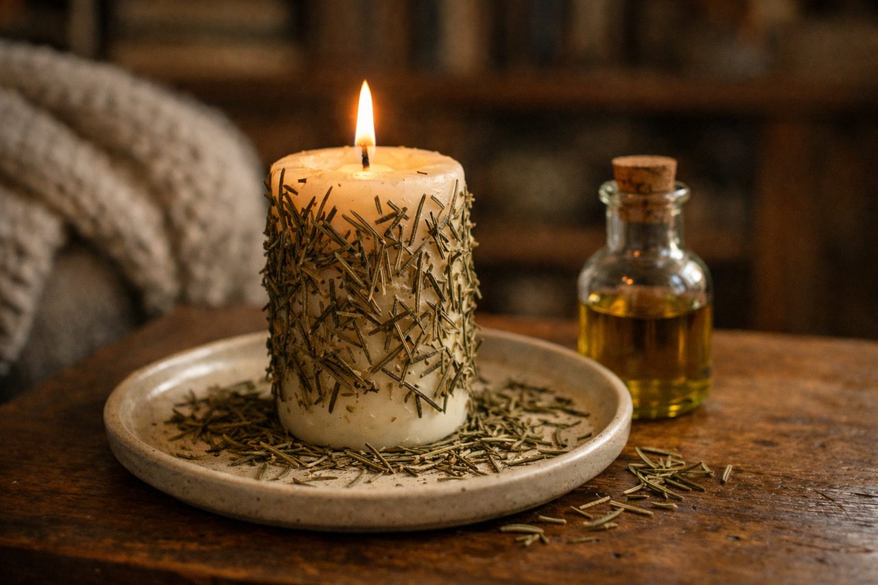 A white candle rolled in dried rosemary burning on a ceramic dish next to a bottle of olive oil