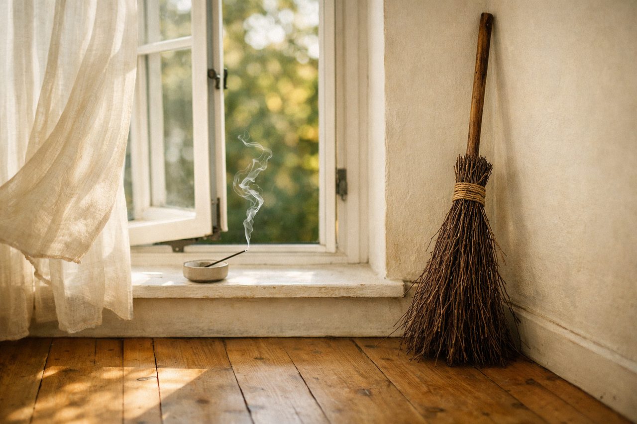 An open window with incense smoke on the sill and a twig besom leaning against the wall