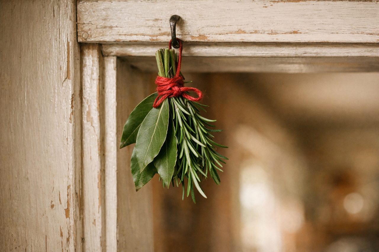 A bundle of rosemary and bay leaves tied with red thread hanging above a door