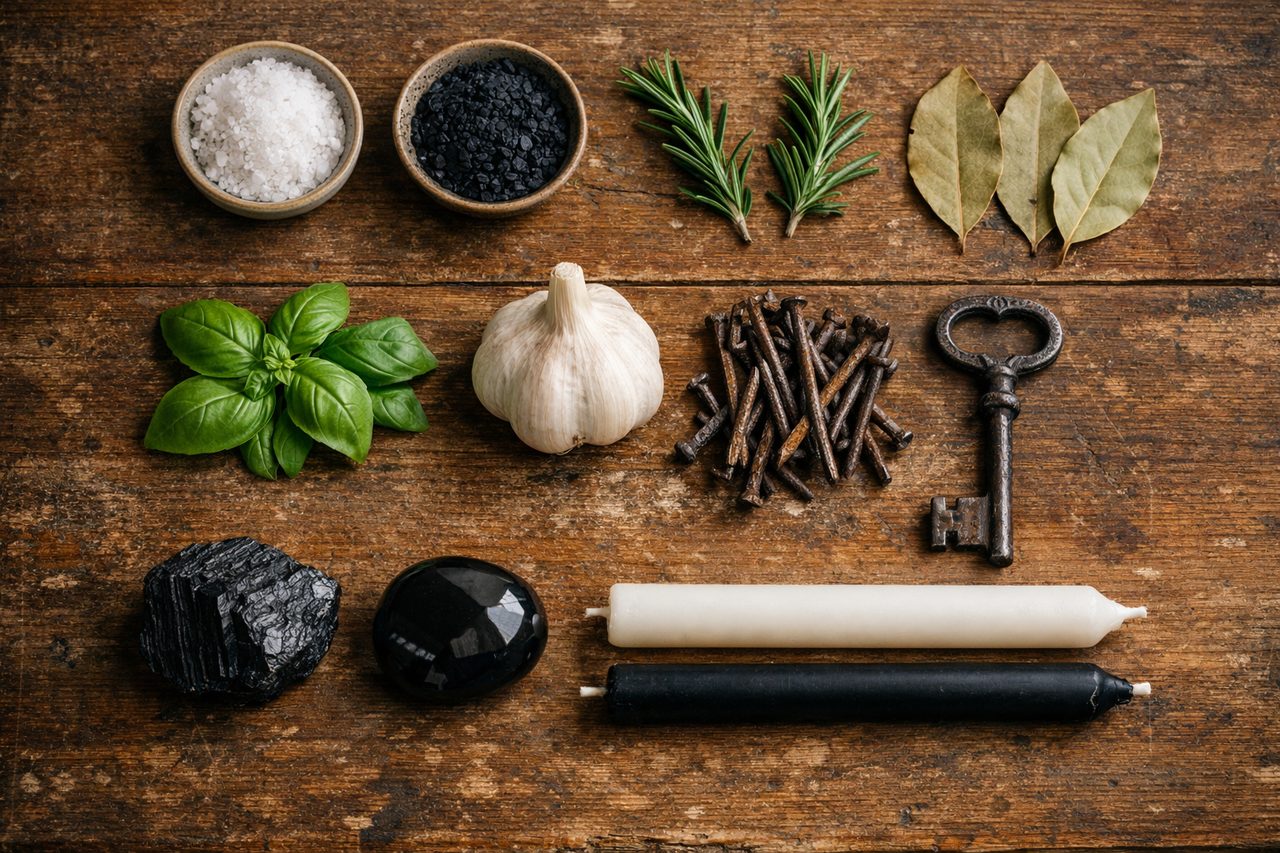 Protection ingredients on a wooden table: sea salt, black salt, rosemary, bay leaves, basil, garlic, iron nails, an old key, black tourmaline, obsidian and white and black candles