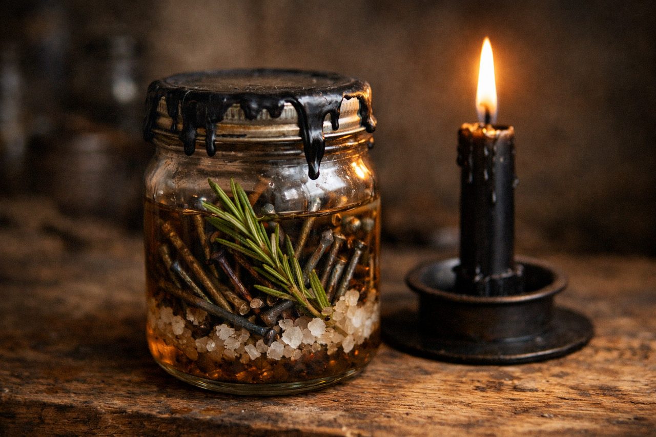A witch bottle filled with iron nails, rosemary and salt in vinegar, its lid sealed with black candle wax