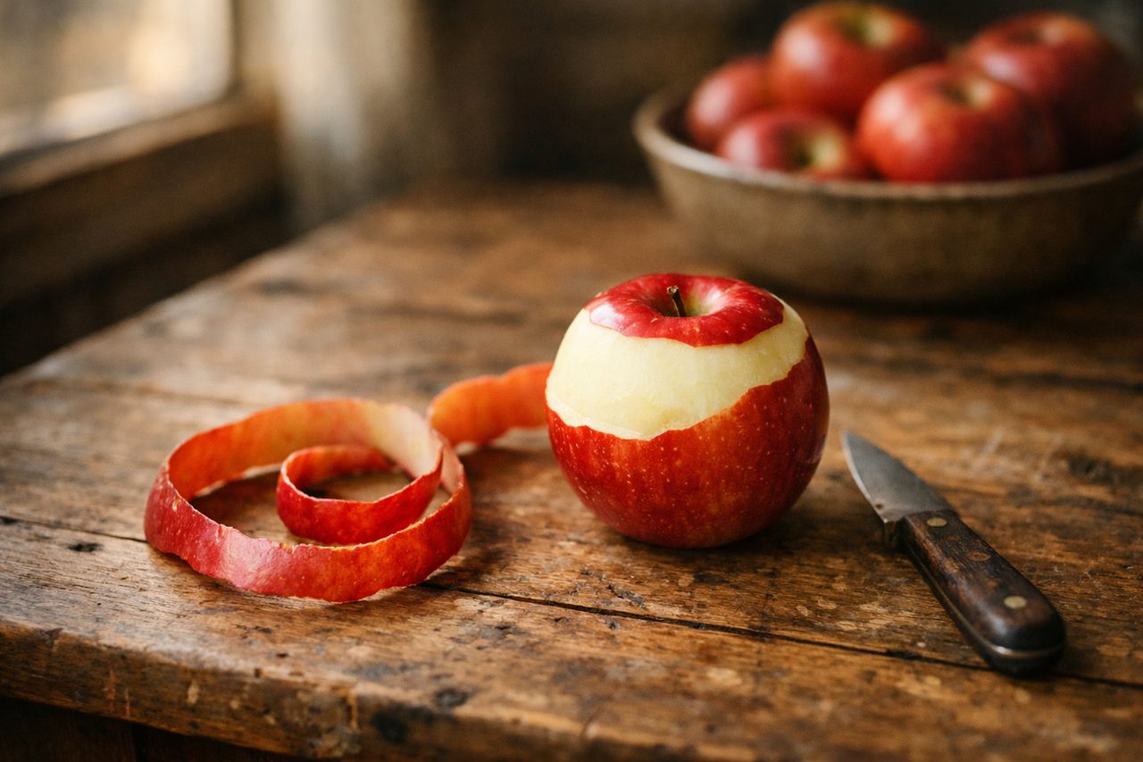 A red apple with one long spiral of peel lying beside it on a wooden table