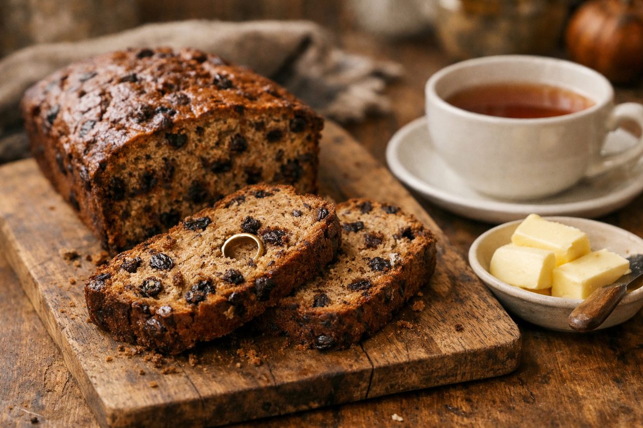 A loaf of Irish barmbrack with two slices cut and a small gold ring showing in one slice