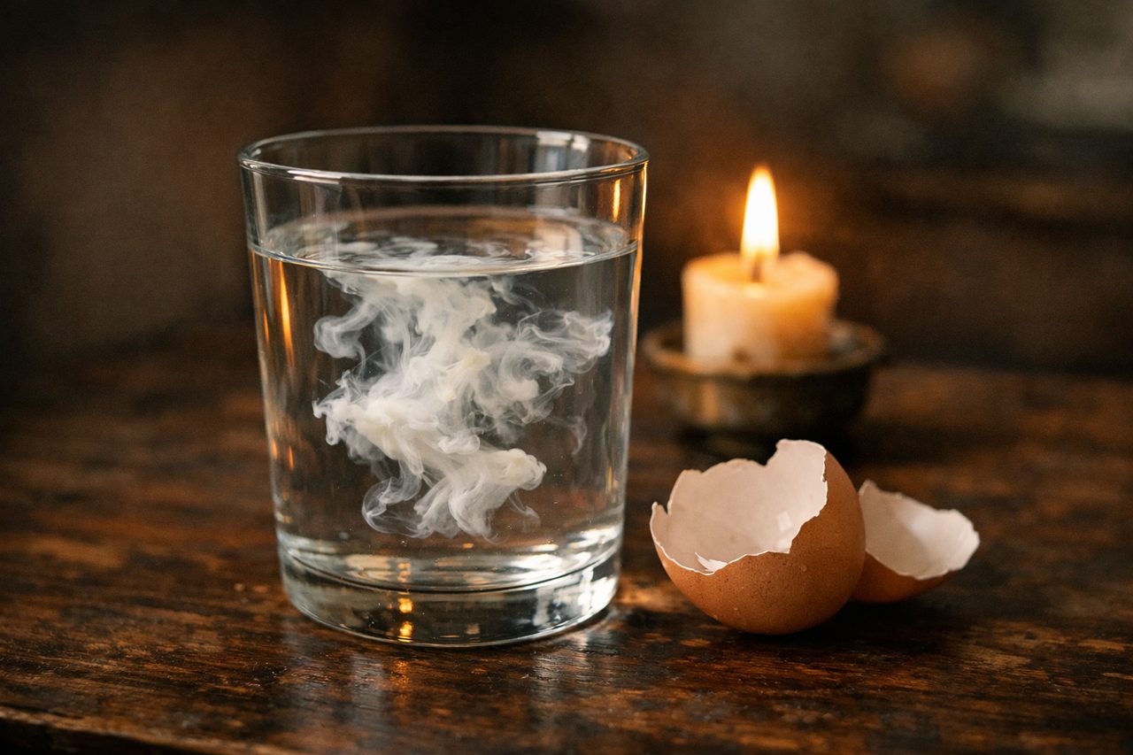 Egg white swirling into cloudy shapes in a glass of water beside a candle
