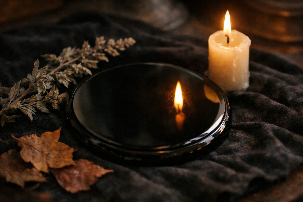 A round black scrying mirror reflecting the flame of a single candle
