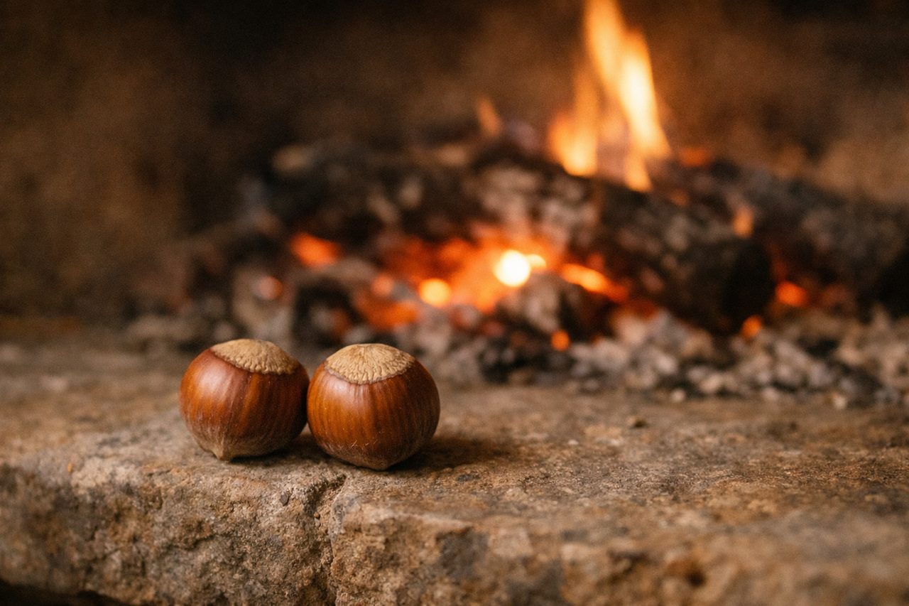 Two hazelnuts resting on the stone edge of an open fire with glowing embers behind them