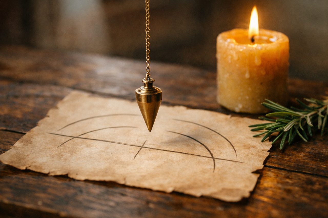 A brass pendulum hanging above a simple hand-drawn chart on parchment beside a candle and a sprig of rosemary