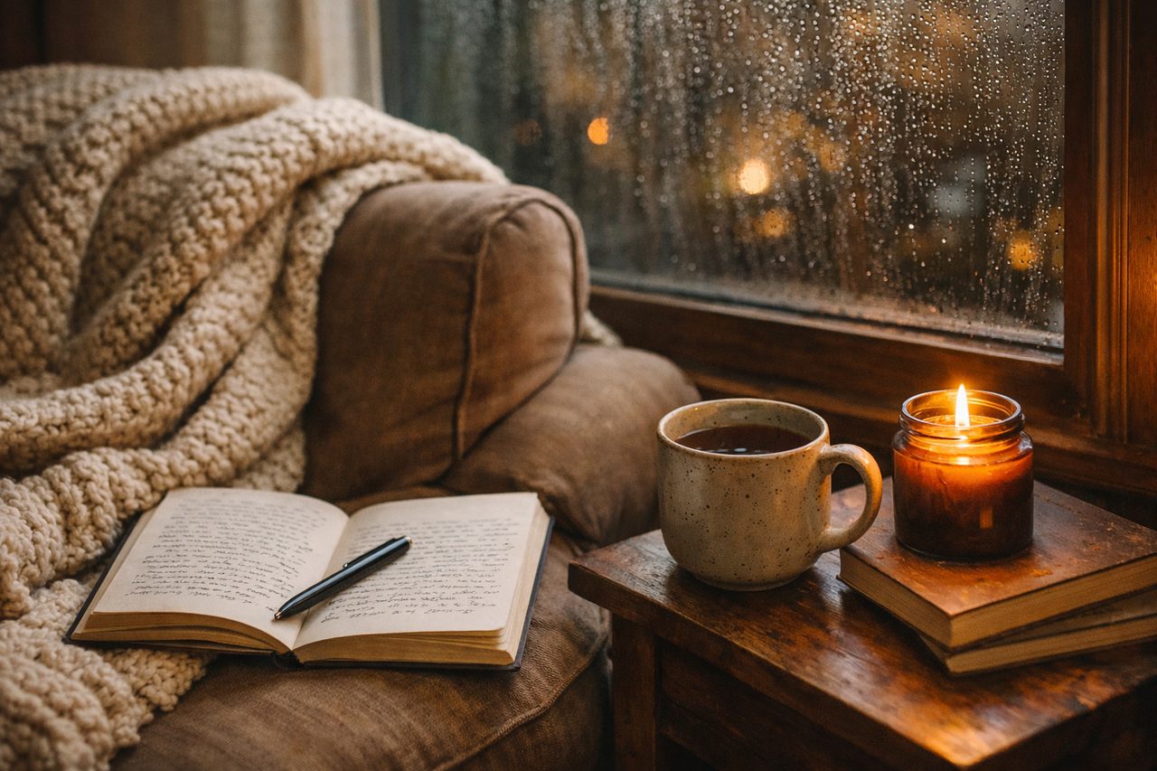 A cozy armchair with a knitted blanket, an open journal, a mug of tea and a candle by a rainy window