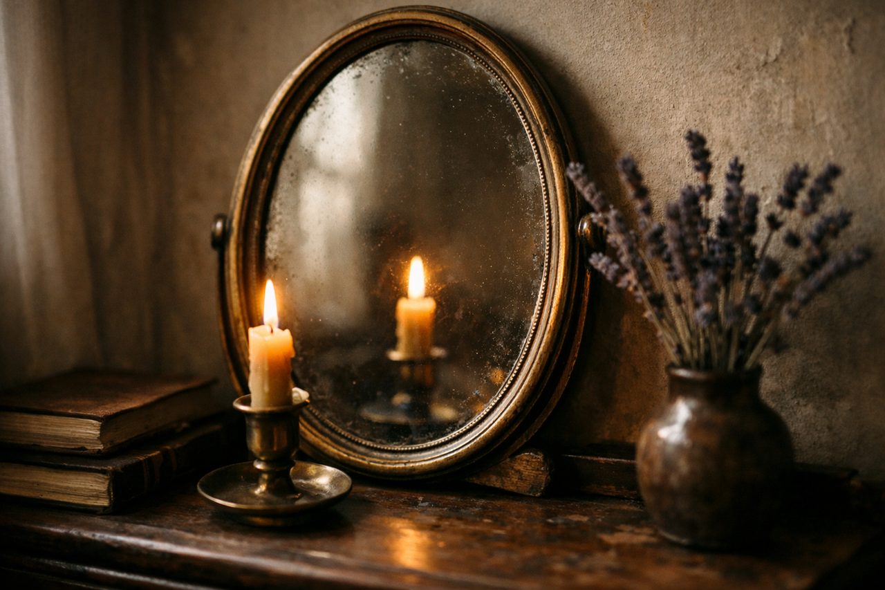 An old oval mirror on a dresser reflecting a lit candle, with dried lavender in a small vase