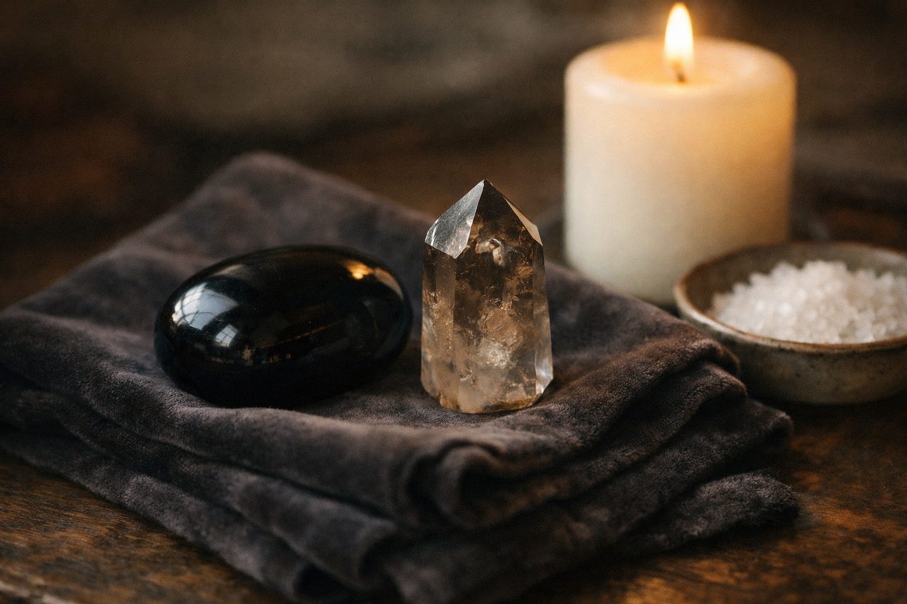 A black obsidian stone and a smoky quartz point on dark velvet beside a white candle and a dish of salt