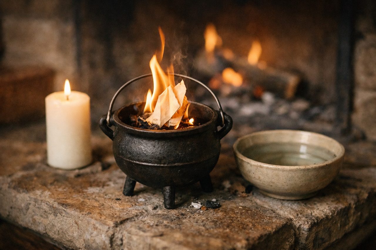 A small cast iron cauldron with a slip of paper burning inside, beside a white candle and a bowl of water on a stone hearth
