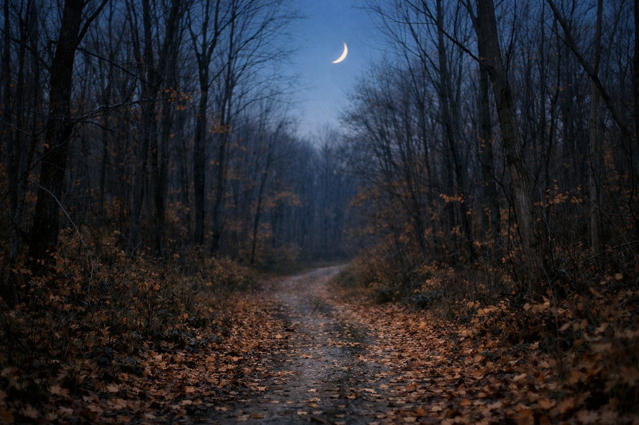 A quiet forest path in autumn at dusk with a thin crescent moon in the sky
