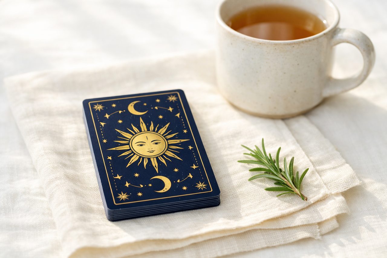 One tarot card drawn face down beside a cup of morning tea