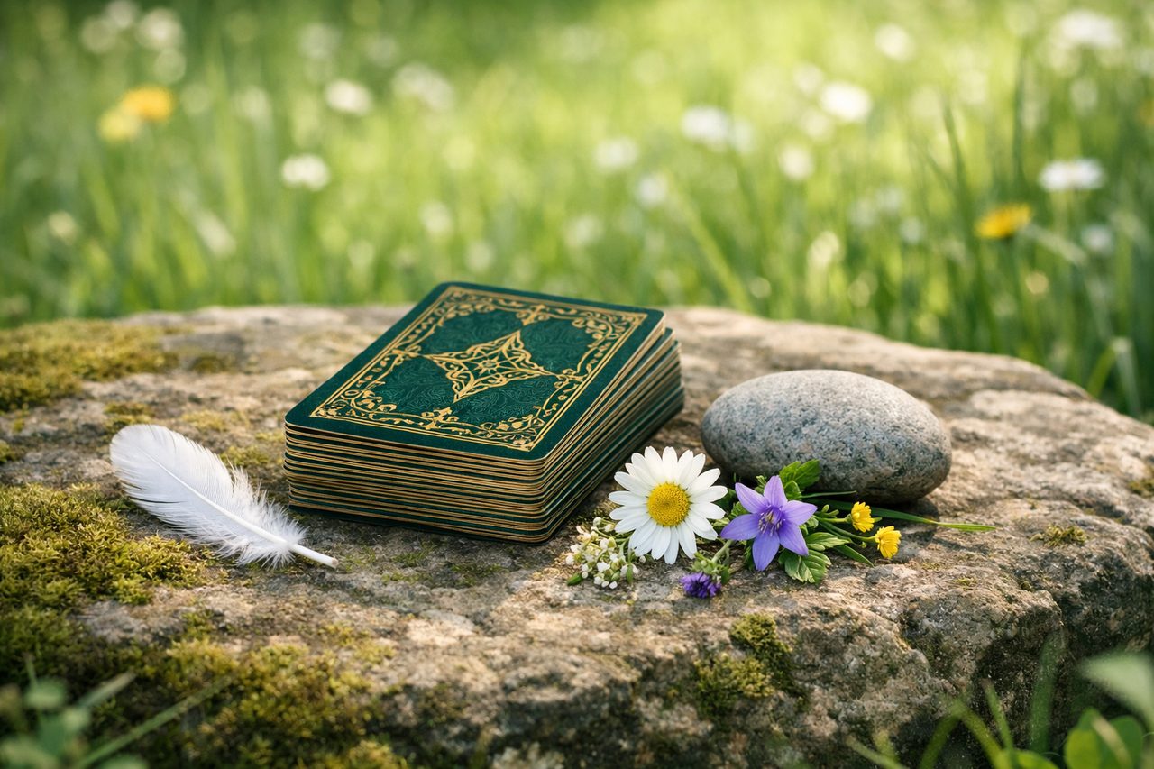 A tarot deck on a mossy stone in a spring meadow with a white feather and wildflowers