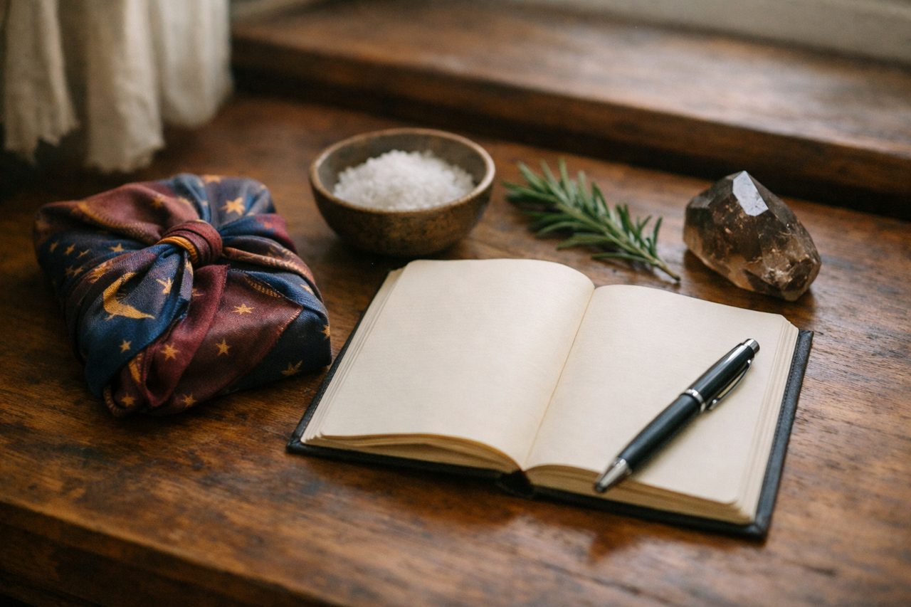 A tarot deck wrapped in a silk scarf beside an open journal, a bowl of salt, rosemary and smoky quartz