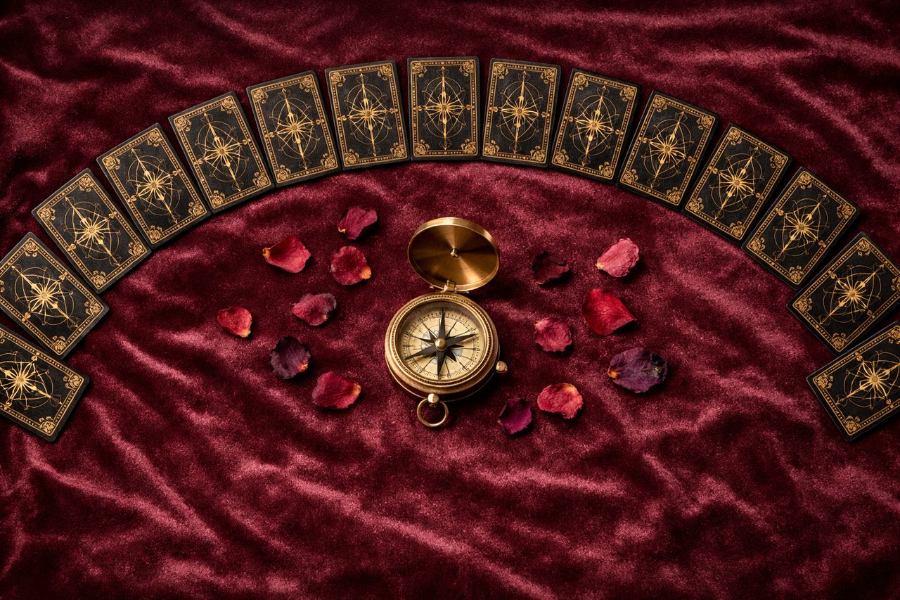 The 22 Major Arcana cards laid face down in an arc on red velvet around a brass compass