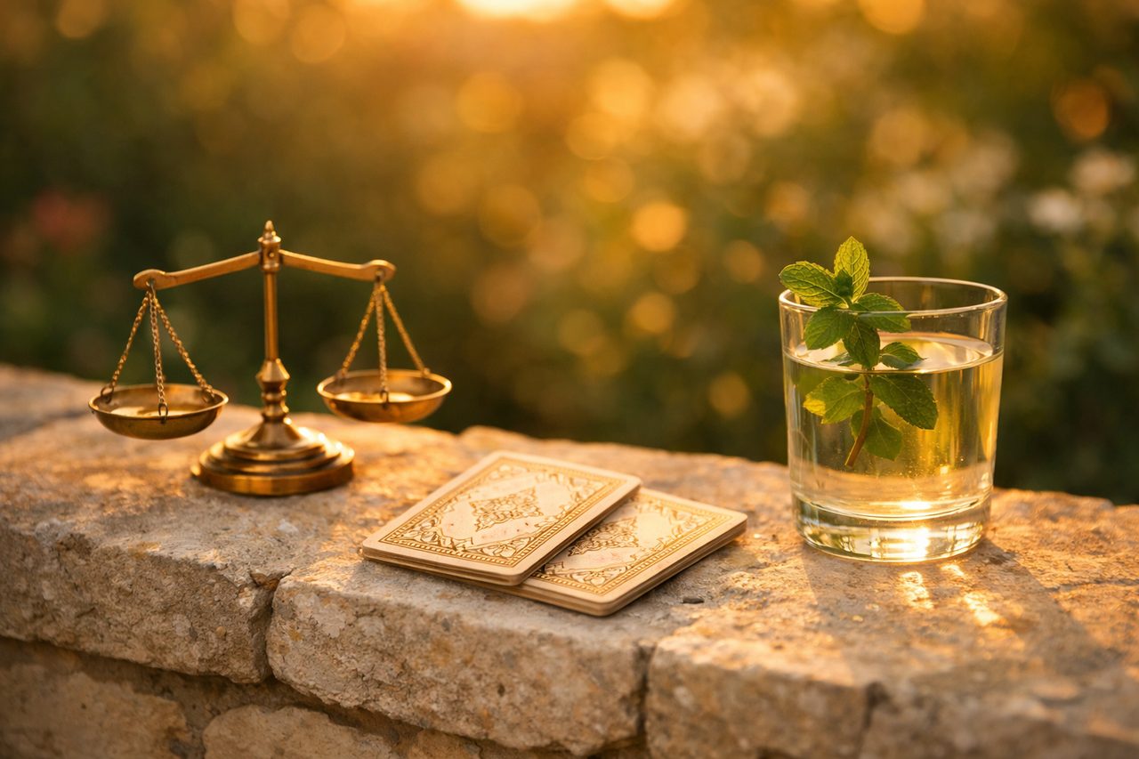 A brass balance scale, two tarot cards and a glass of mint water on a garden wall at sunset