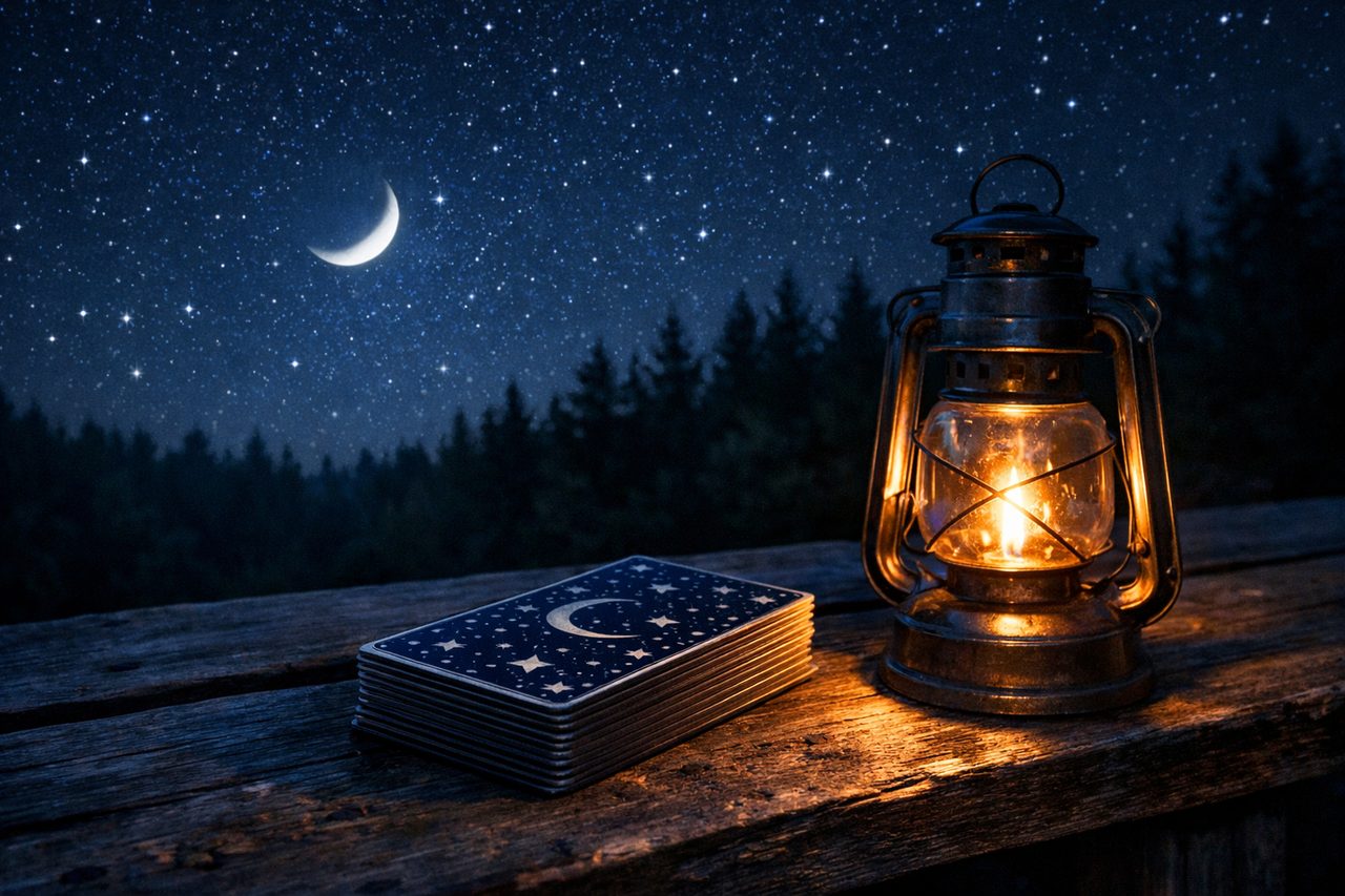 A tarot deck and a glowing lantern on a wooden bench under a starry night sky