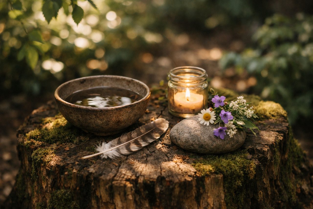 A small woodland nature altar on a mossy tree stump with a bowl of water, a feather, a candle in a jar, a stone and wildflowers in dappled sunlight
