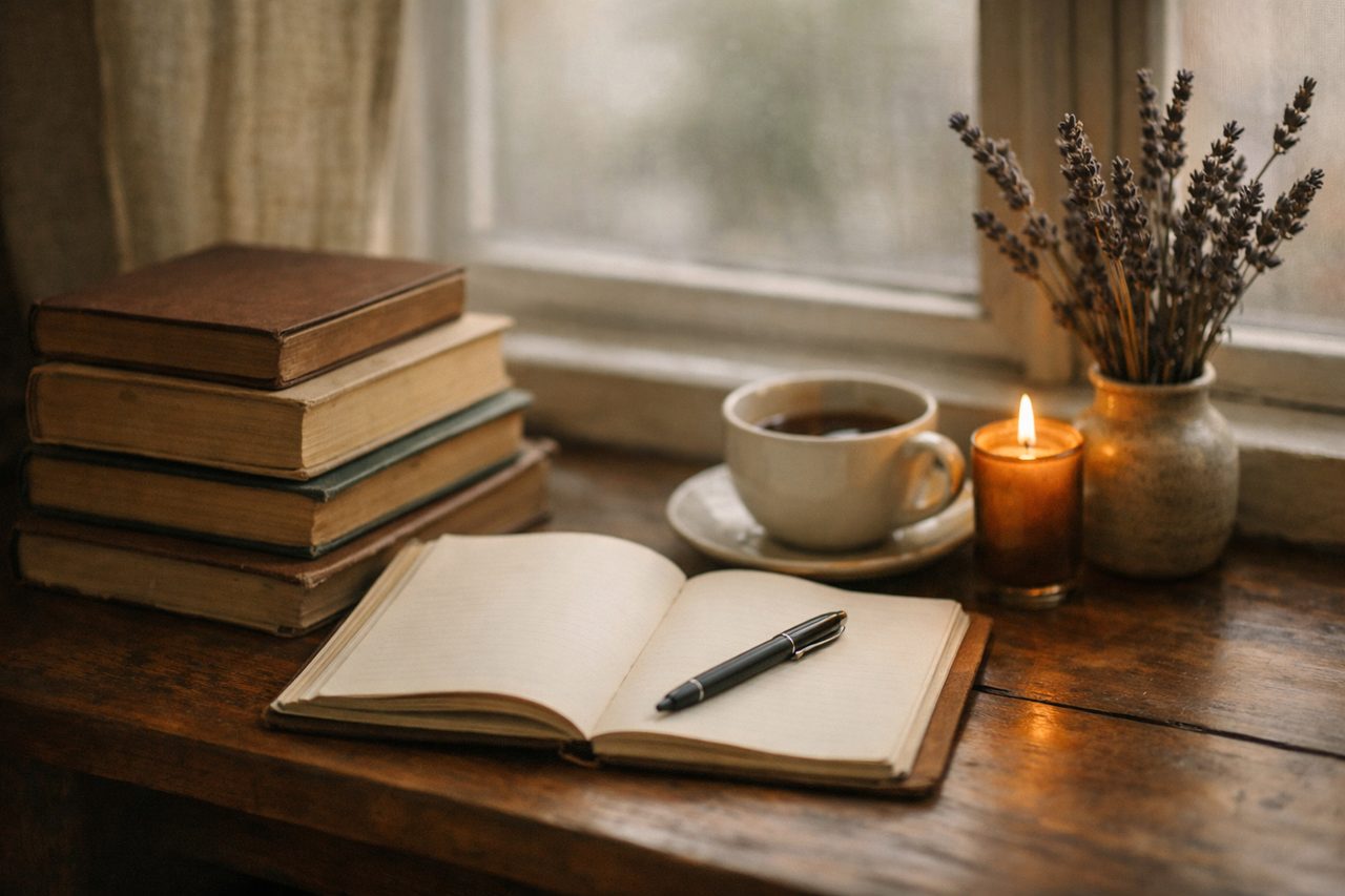 A cozy reading nook with a stack of old hardback books, an open blank journal and pen, a cup of tea, a lit candle and dried lavender on a windowsill