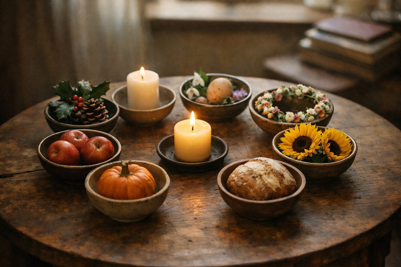 Eight small bowls of seasonal items arranged in a circle on a round wooden table, from holly and pine cones to spring flowers, sunflowers, bread, apples and a pumpkin, around a lit candle