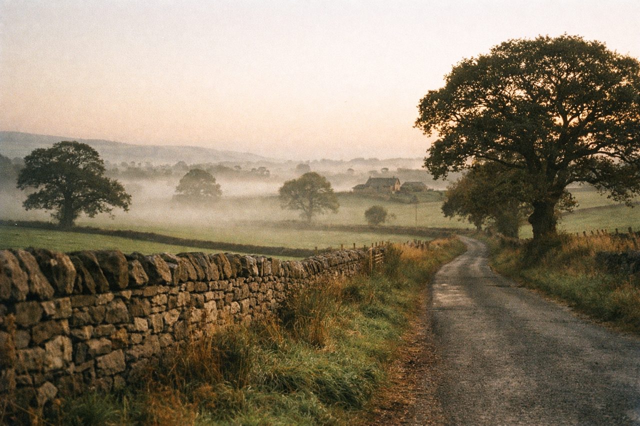 Misty rolling countryside with a dry-stone wall, oak trees and a narrow lane, the kind of rural land the Latin word paganus once described