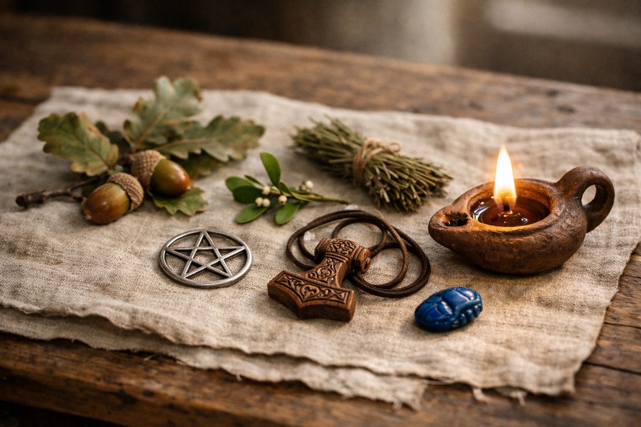 Objects from different pagan religions on a linen cloth: oak and mistletoe, a carved hammer pendant, a clay oil lamp with an olive branch, a scarab bead and a pentacle disc