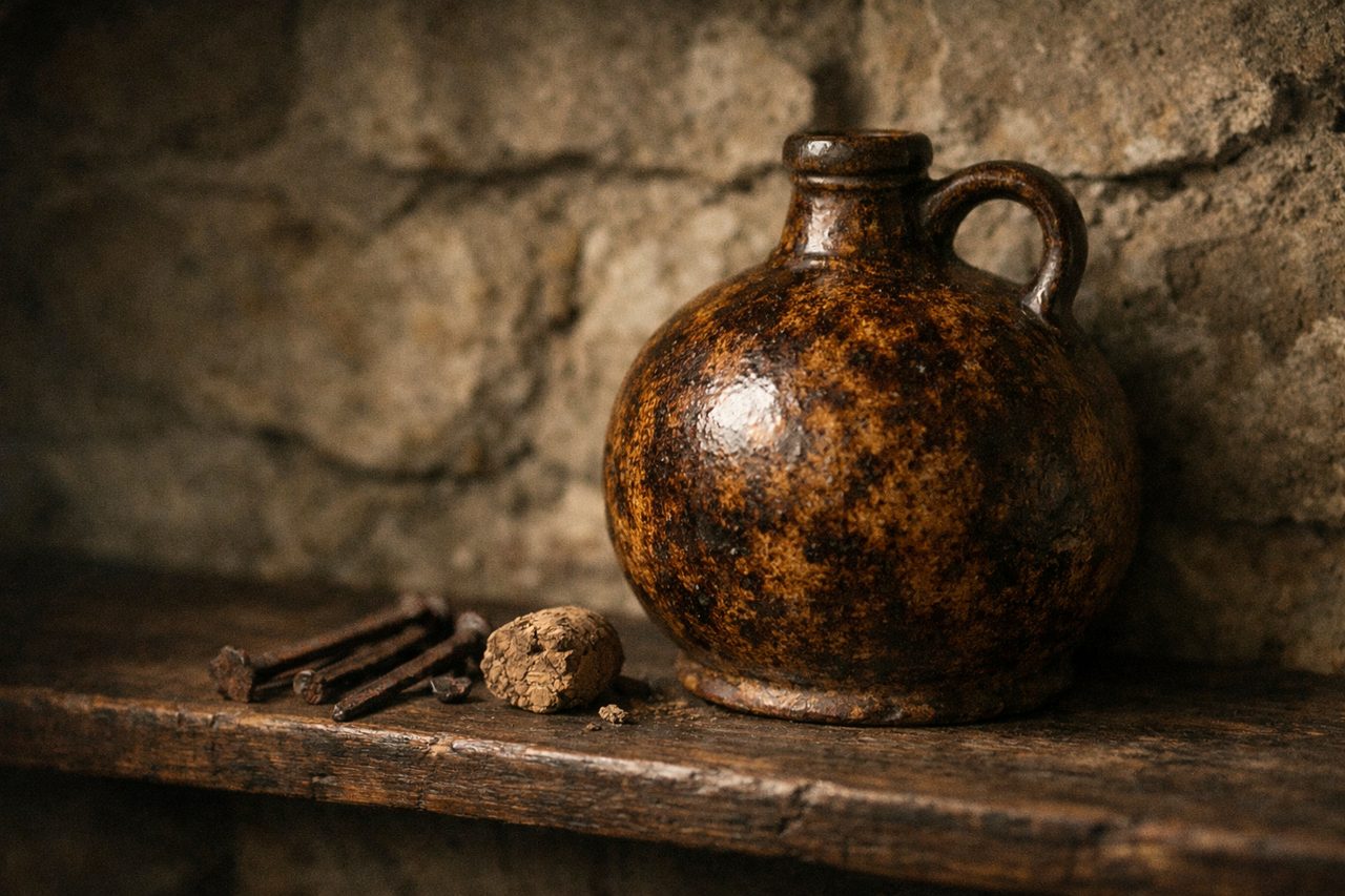 An antique brown salt-glazed stoneware jug with a mottled glaze on an old oak shelf beside rusted hand-forged nails and a crumbling cork