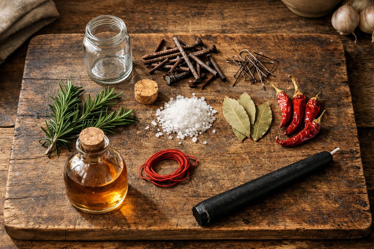 A flat lay of witch bottle ingredients on a wooden board: an empty corked jar, rusty iron nails, bent pins, coarse salt, rosemary, bay leaves, dried chili peppers, red thread, a bottle of vinegar and a black candle